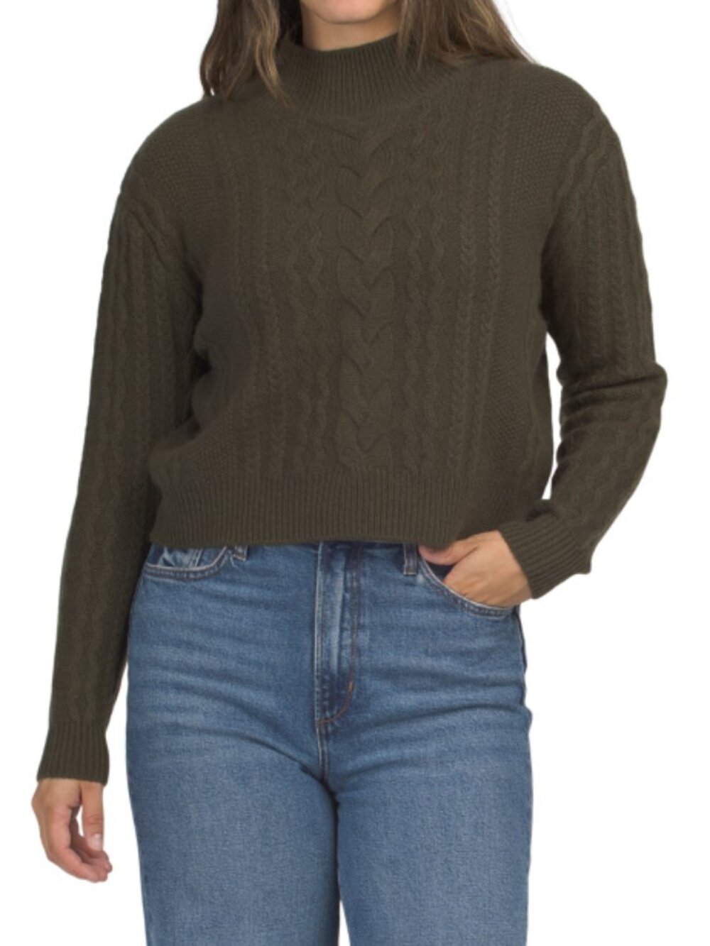 THE CASHMERE PROJECT Cashmere Cropped Cable Knit Mock Neck Sweater